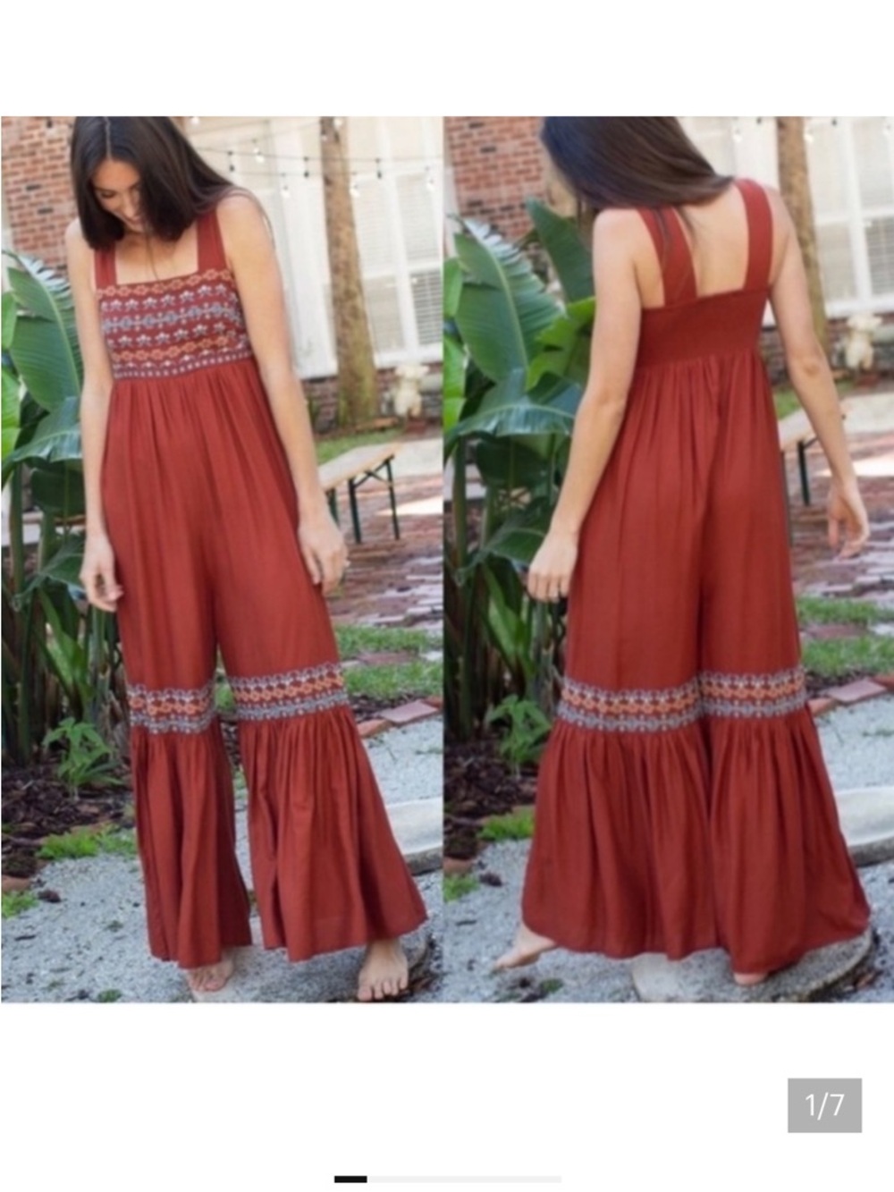 NATURAL LIFE Rust Red Embroidered Boho Jumpsuit
